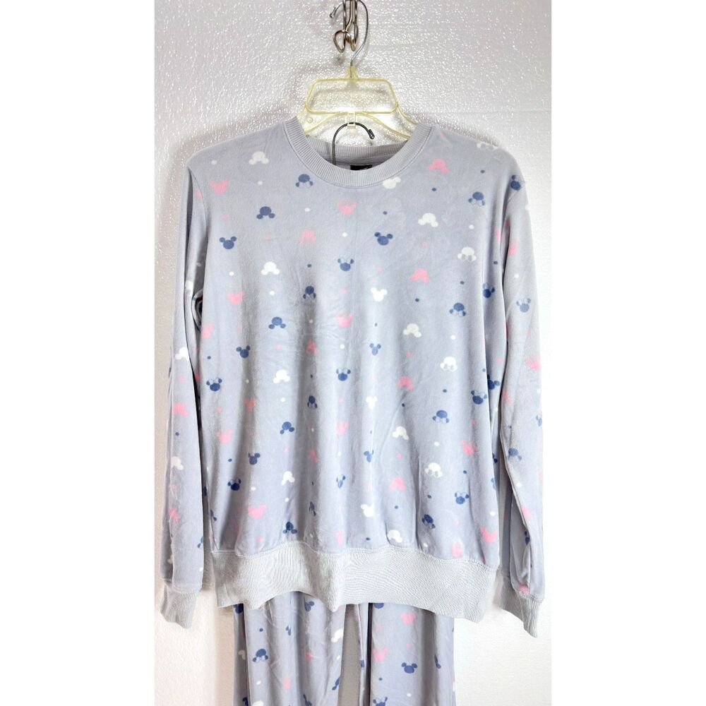 Disney 2 Piece Soft Stretch Fleece Pajama Set Gray Mickey Minnie Mouse Womens XS